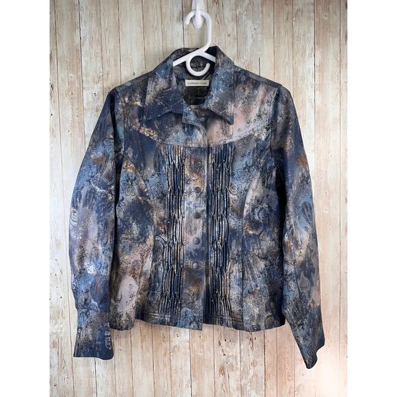 Coldwater Creek Jacket Womens 8‎ Pink Metallic Gold Floral Pleated Accent Snap - Picture 1 of 13